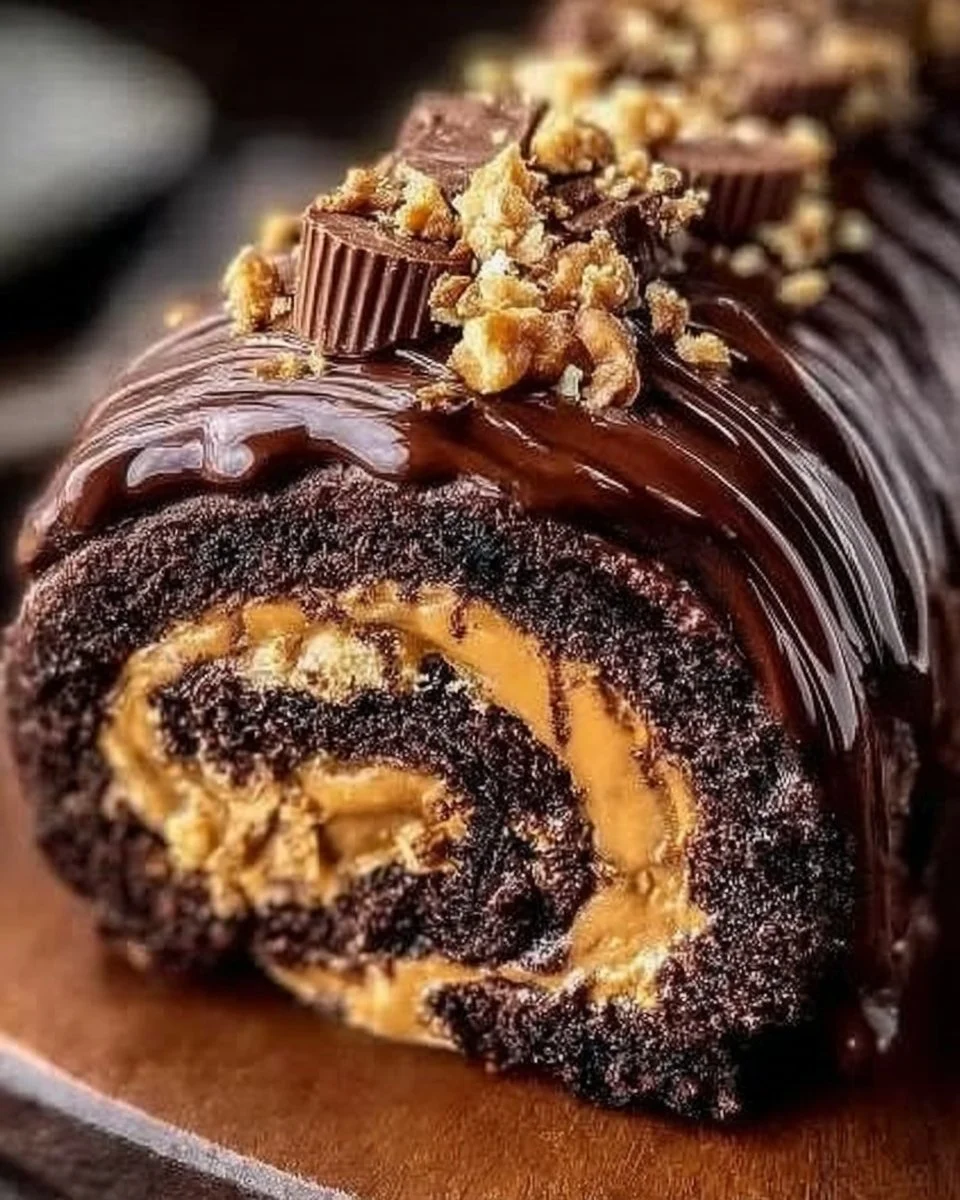 Decadent peanut butter cup chocolate roll dessert on a plate.