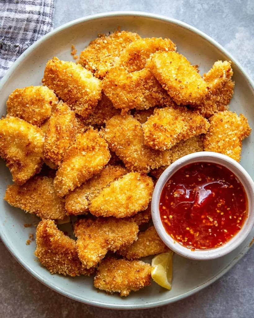 Golden air fryer chicken nuggets served with dipping sauce