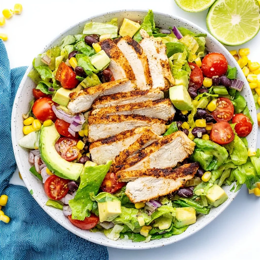 A colorful Southwest Chicken Salad with grilled chicken, corn, black beans, and avocado