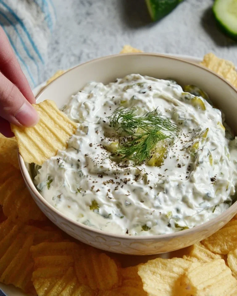 Creamy Dill Pickle Dip served with chips and veggies