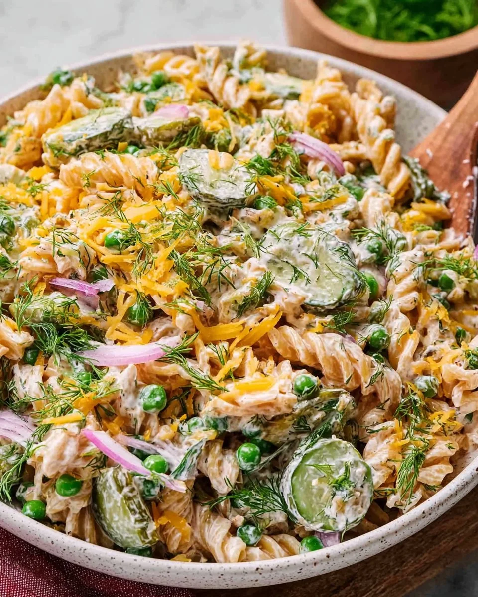 Bowl of Dill Pickle Pasta Salad with fresh ingredients and a tangy dressing