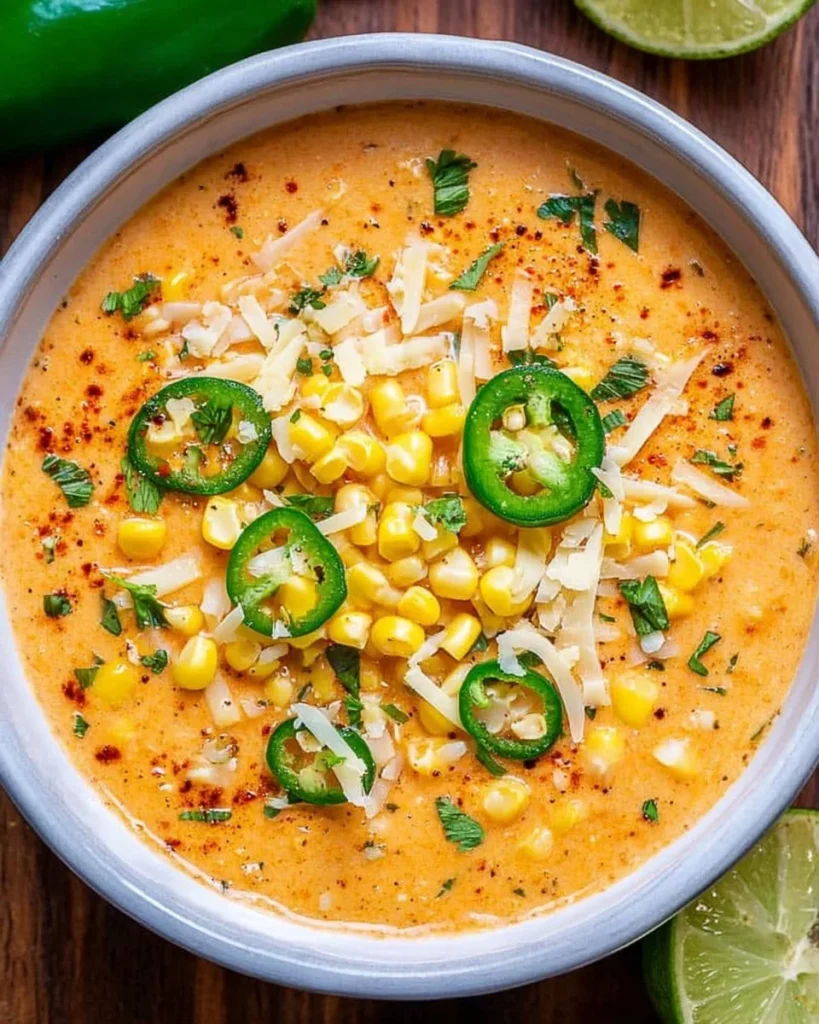Bowl of creamy Mexican street corn soup topped with cilantro and cheese