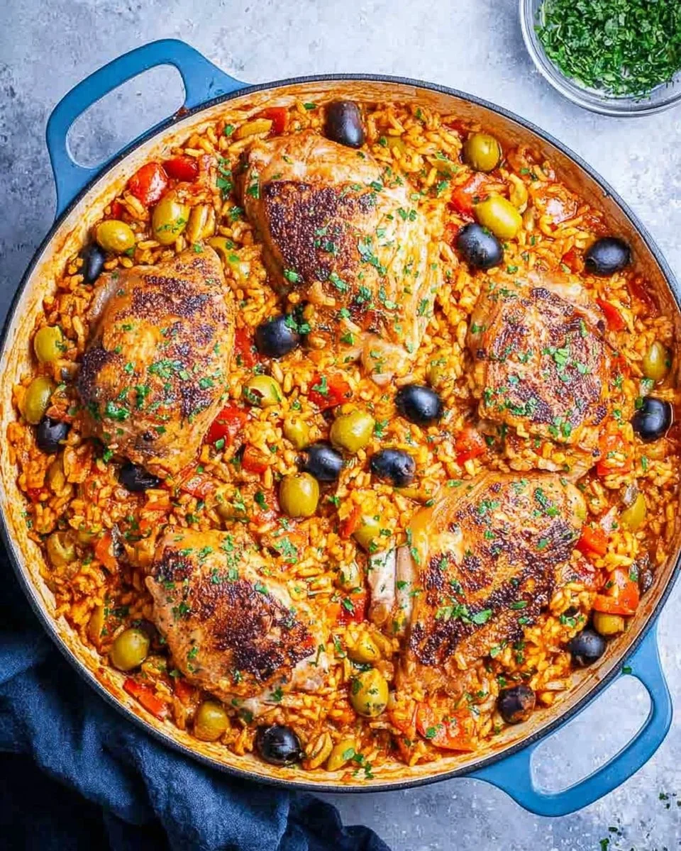 Delicious Spanish chicken and rice served in a vibrant bowl with fresh herbs.