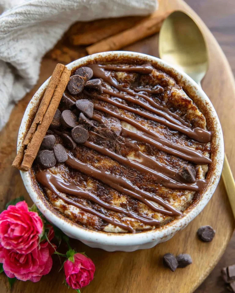 Baked oats topped with cinnamon, sugar, and cheesecake for a churro-inspired breakfast.