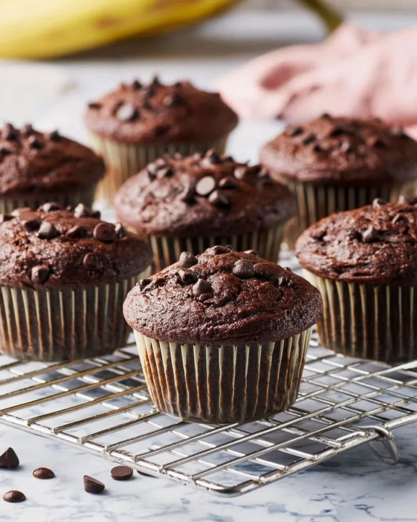 Delicious double chocolate banana muffins on a plate
