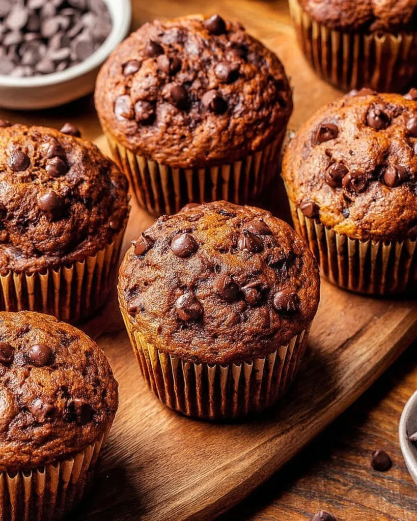 Delicious double chocolate banana muffins fresh out of the oven