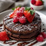 Double chocolate protein pancake bowl topped with fruits and nuts