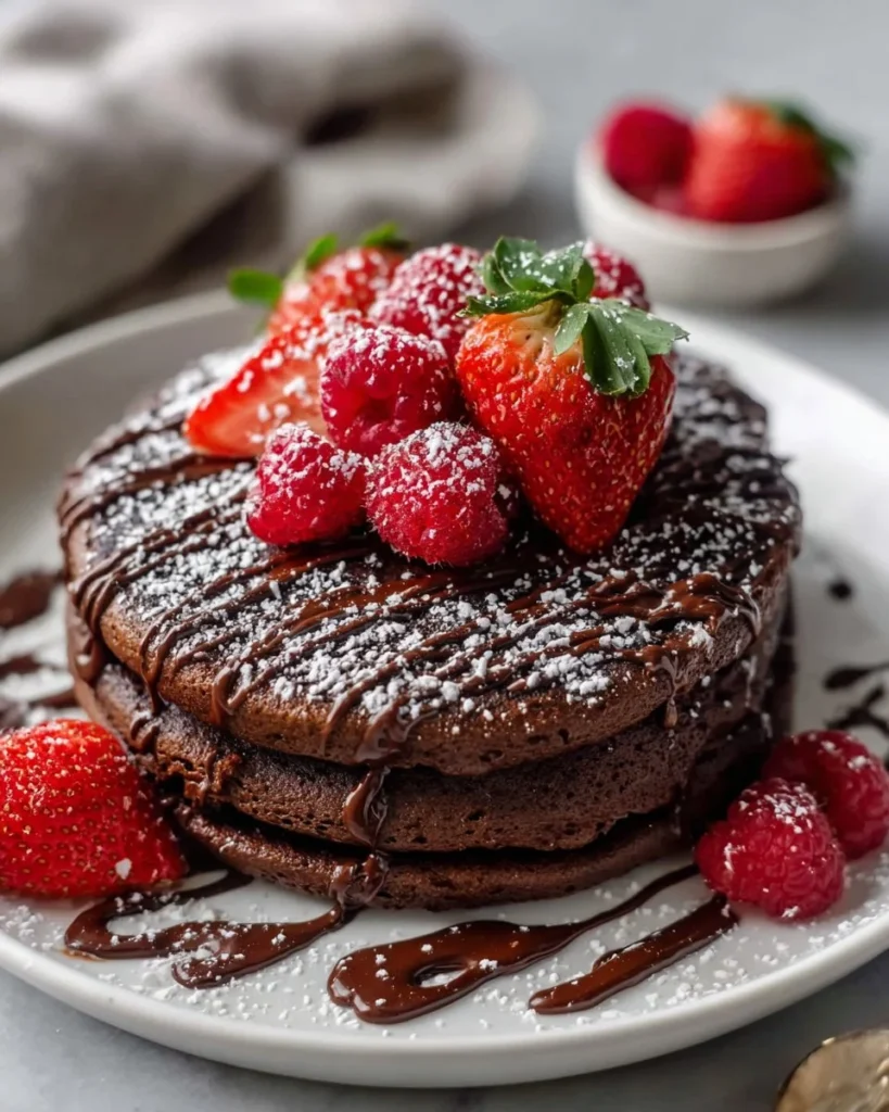 Double chocolate protein pancake bowl topped with fruits and nuts