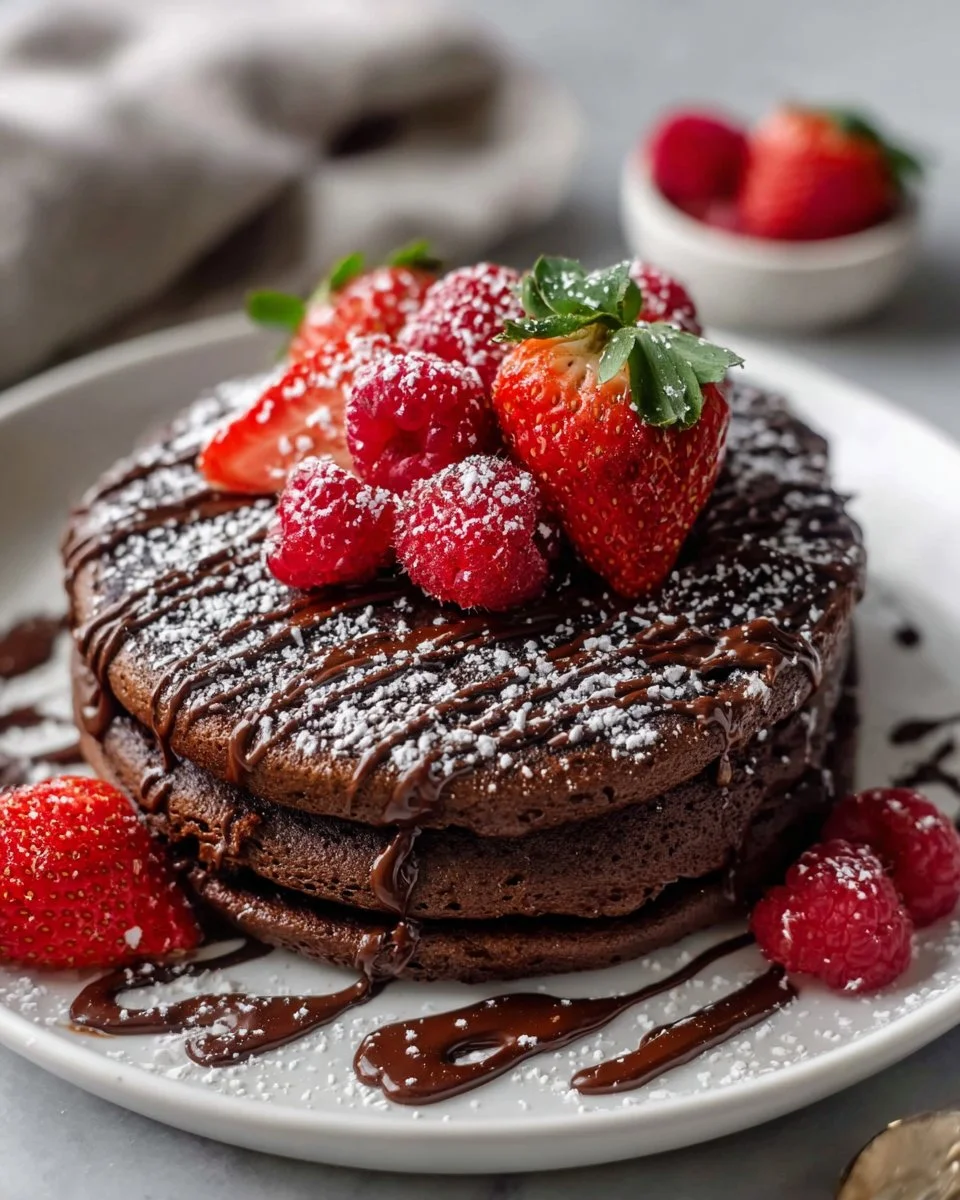Double chocolate protein pancake bowl topped with fruits and nuts