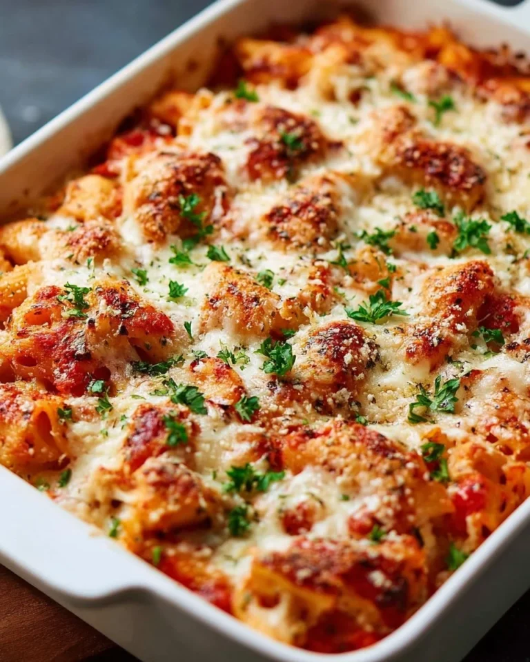 Delicious Dump and Bake Chicken Parmesan Casserole ready to serve