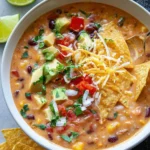 Delicious creamy vegetarian tortilla soup with fresh toppings