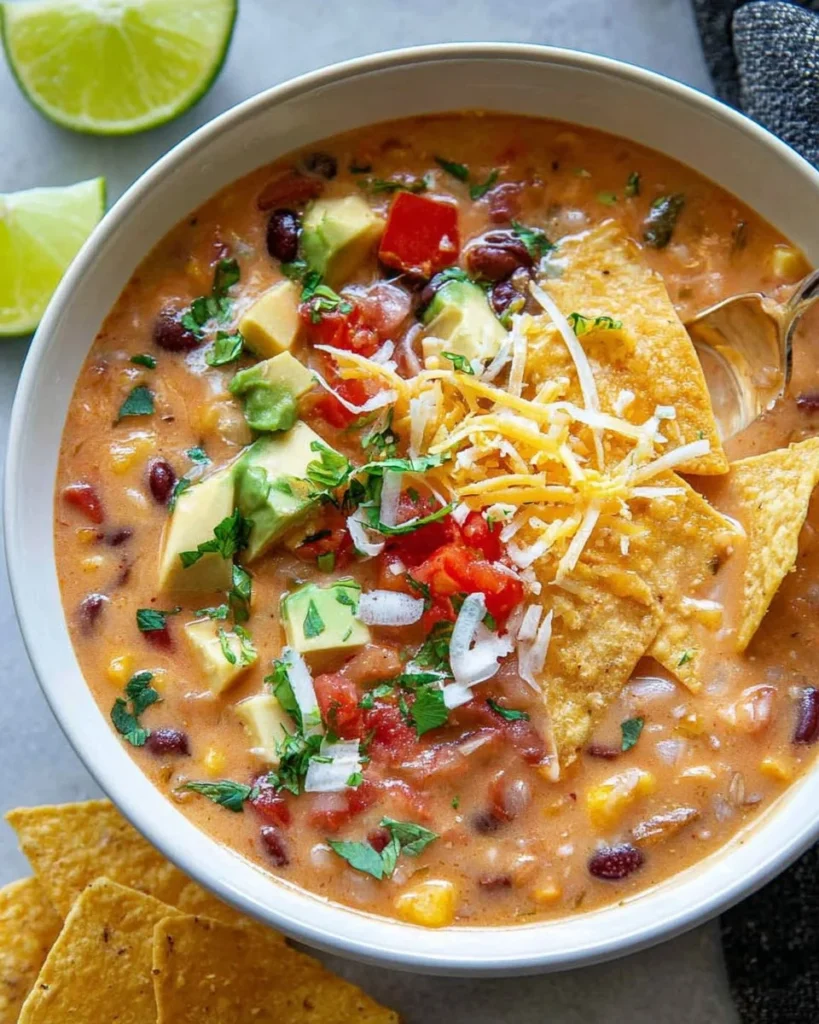 Delicious creamy vegetarian tortilla soup with fresh toppings