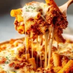 Easy baked ziti without meat served in a creamy cheese sauce