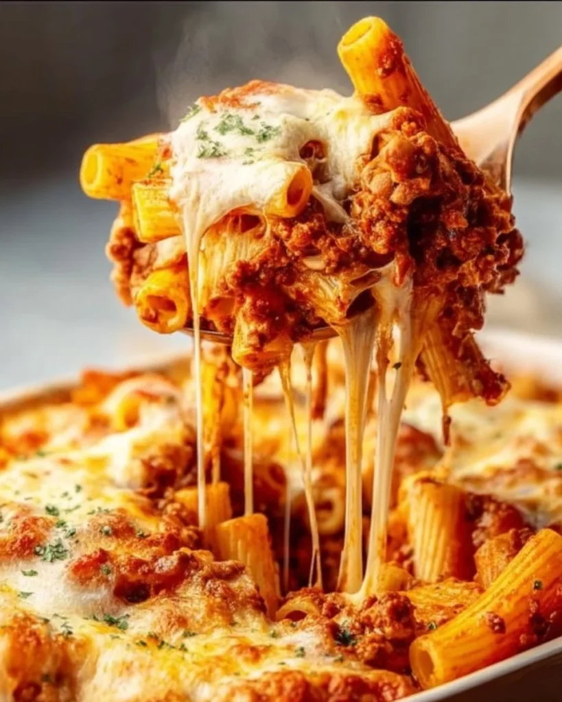 Easy baked ziti without meat served in a creamy cheese sauce
