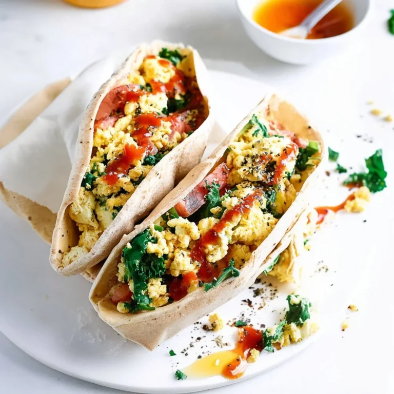 Delicious easy breakfast pita filled with eggs and vegetables.