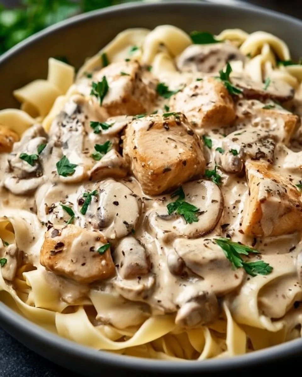 Bowl of easy creamy chicken stroganoff topped with parsley