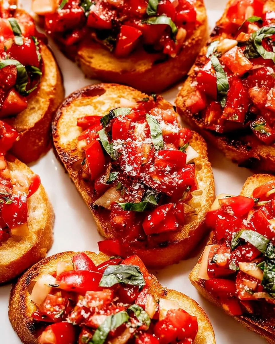 Delicious garlic bread bruschetta topped with fresh tomatoes and basil