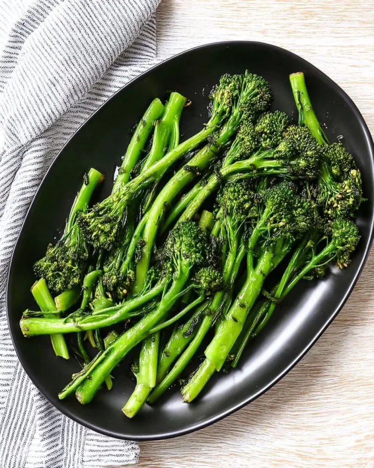Plate of easy grilled broccolini with seasoning on a wooden table