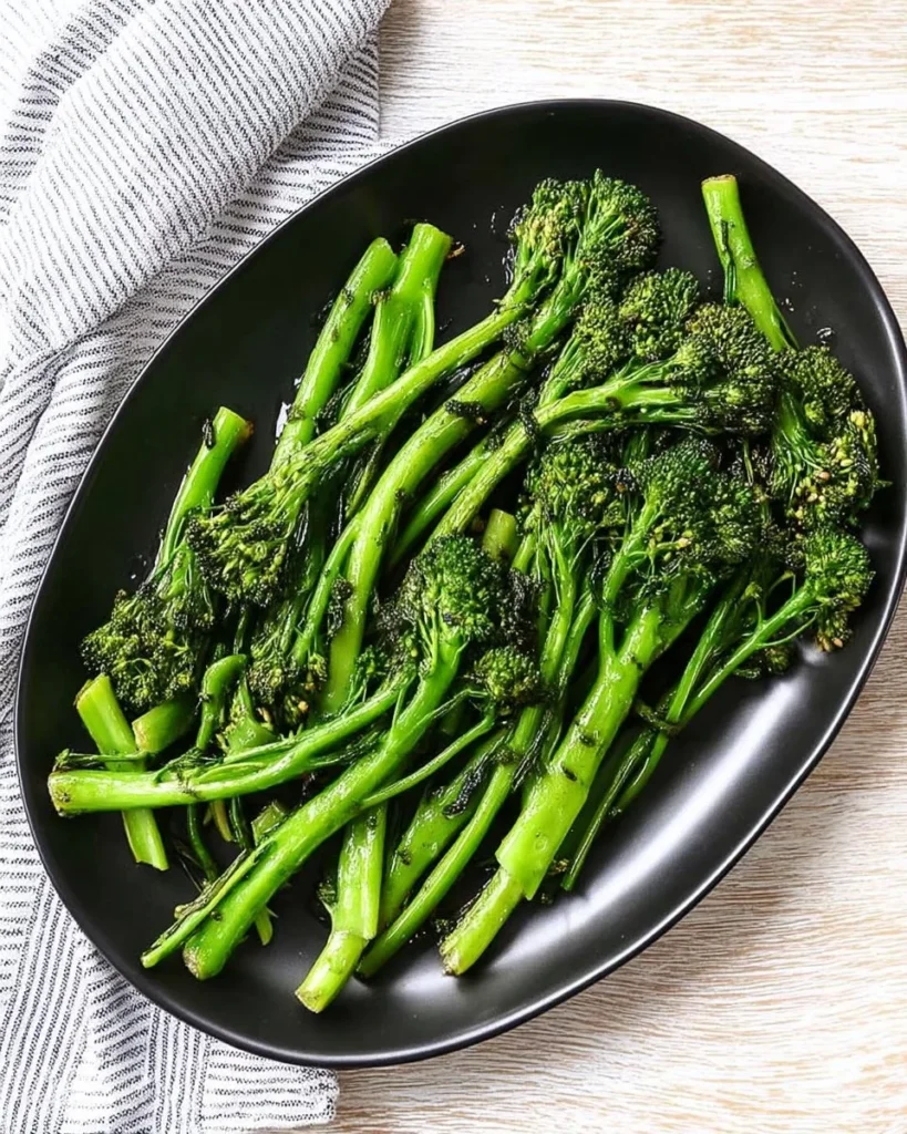 Plate of easy grilled broccolini with seasoning on a wooden table