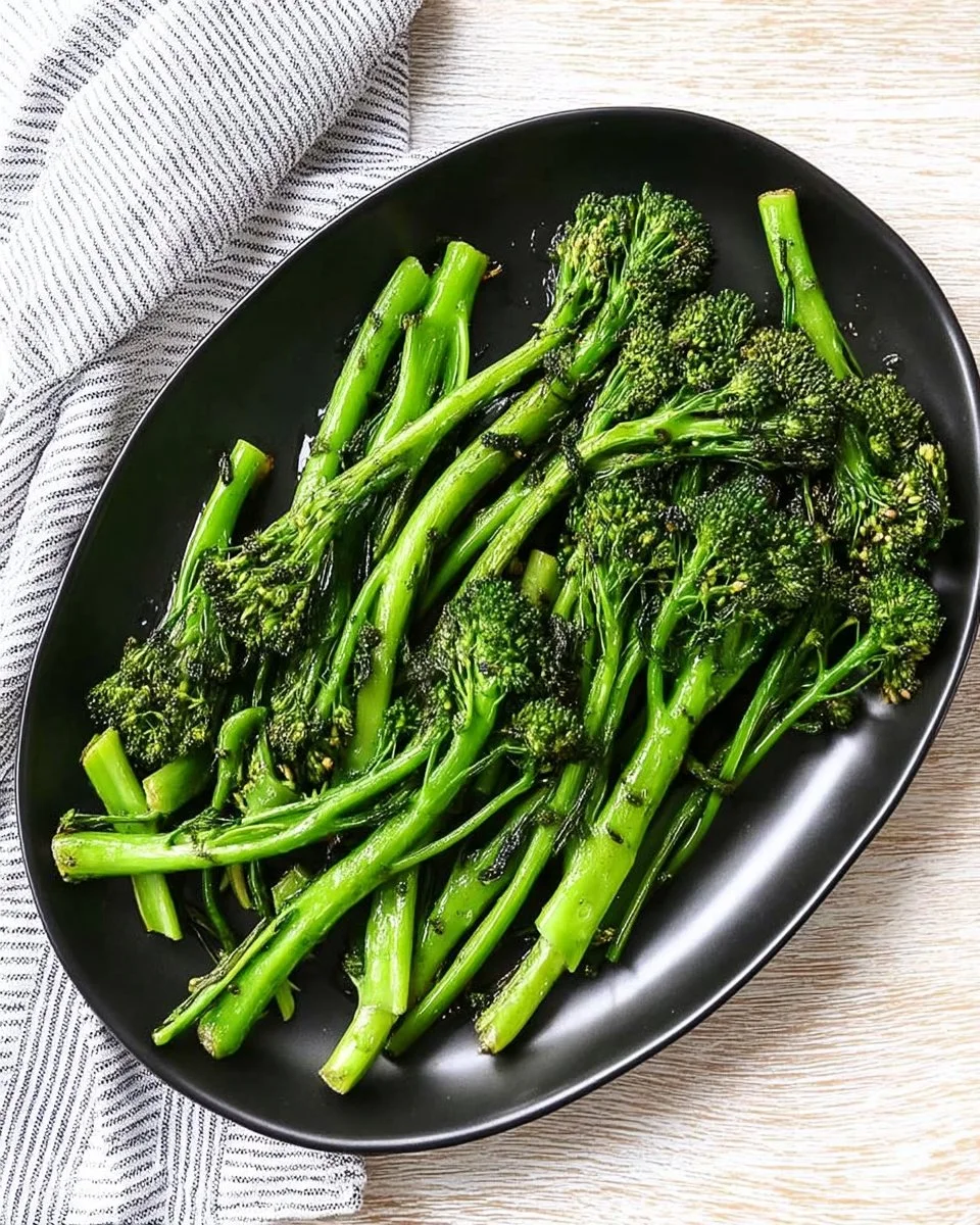 Plate of easy grilled broccolini with seasoning on a wooden table
