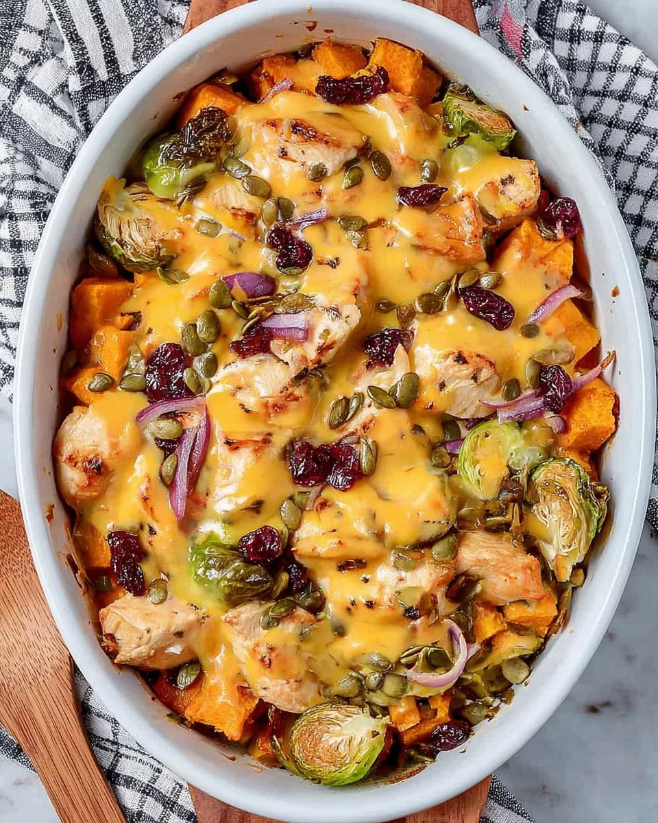Easy Harvest Chicken Casserole topped with herbs and baked to perfection