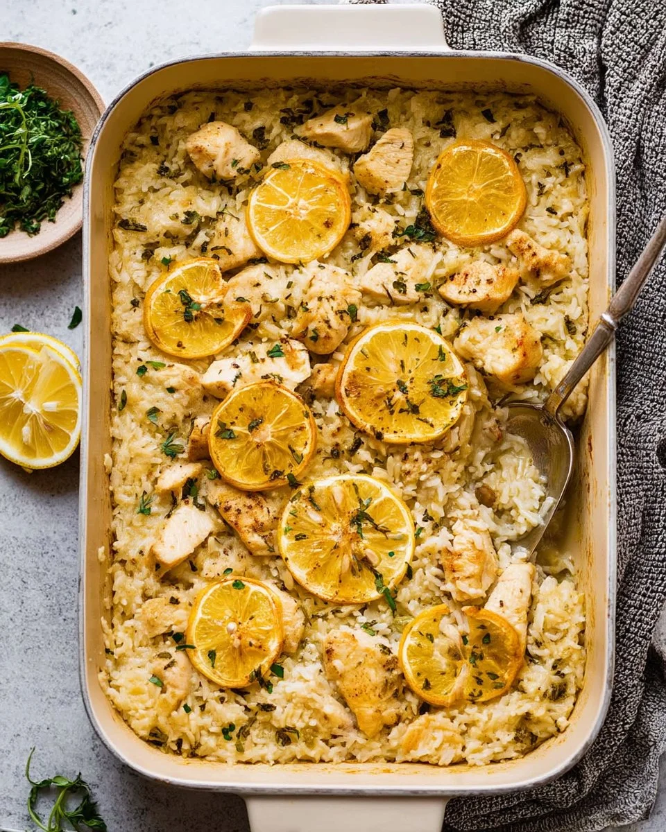 Easy lemon chicken casserole baked with creamy sauce and fresh herbs