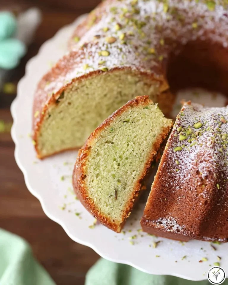 Delicious homemade easy pistachio cake decorated with nuts and frosting