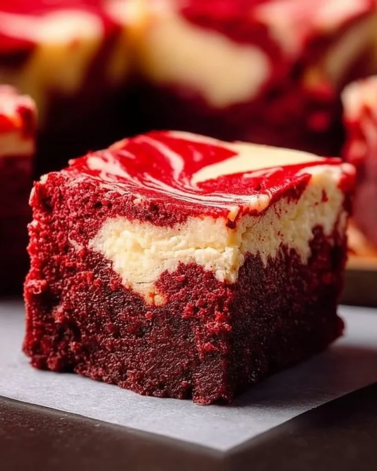 Delicious red velvet brownies topped with a creamy cheesecake layer