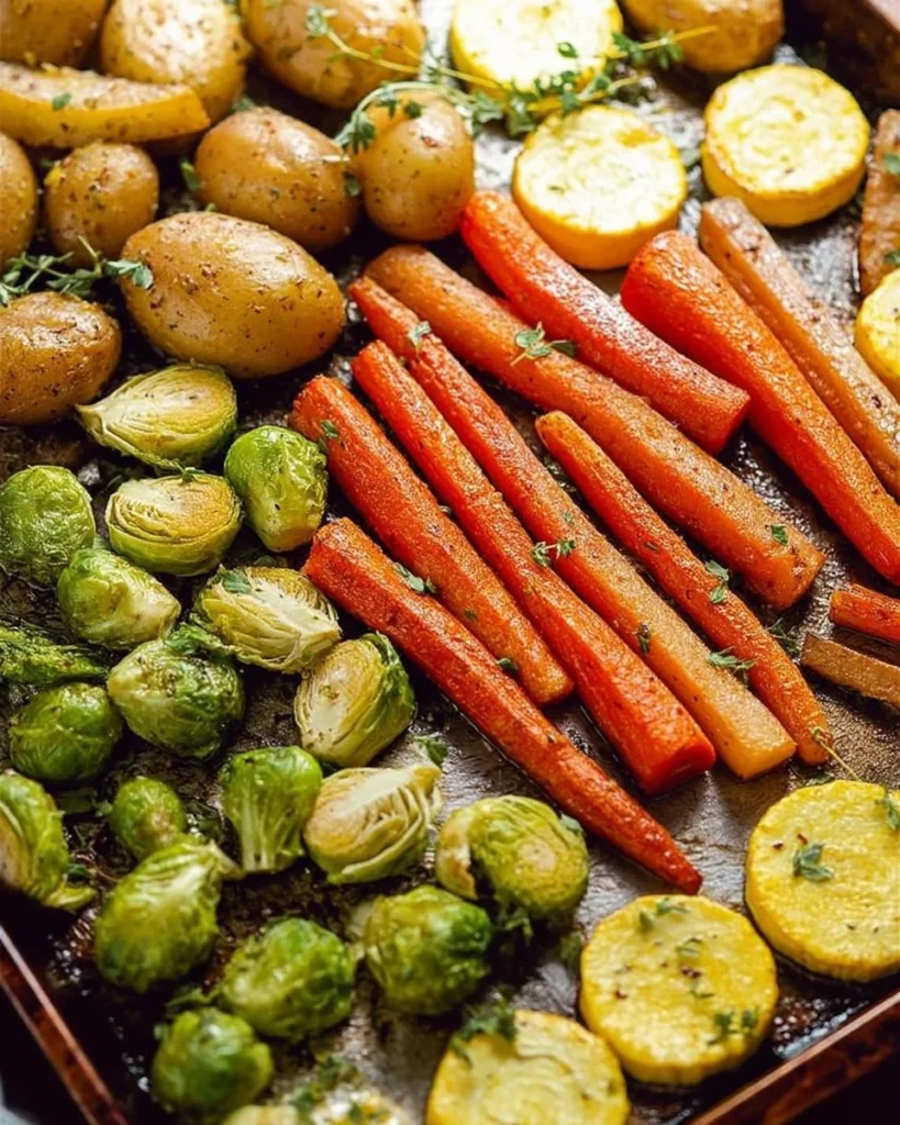 Plate of easy roasted vegetables with colorful carrots, bell peppers, and zucchini.