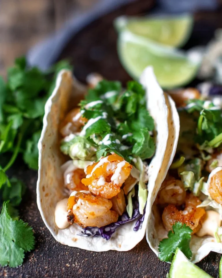 Delicious and easy shrimp tacos served with fresh toppings and lime.