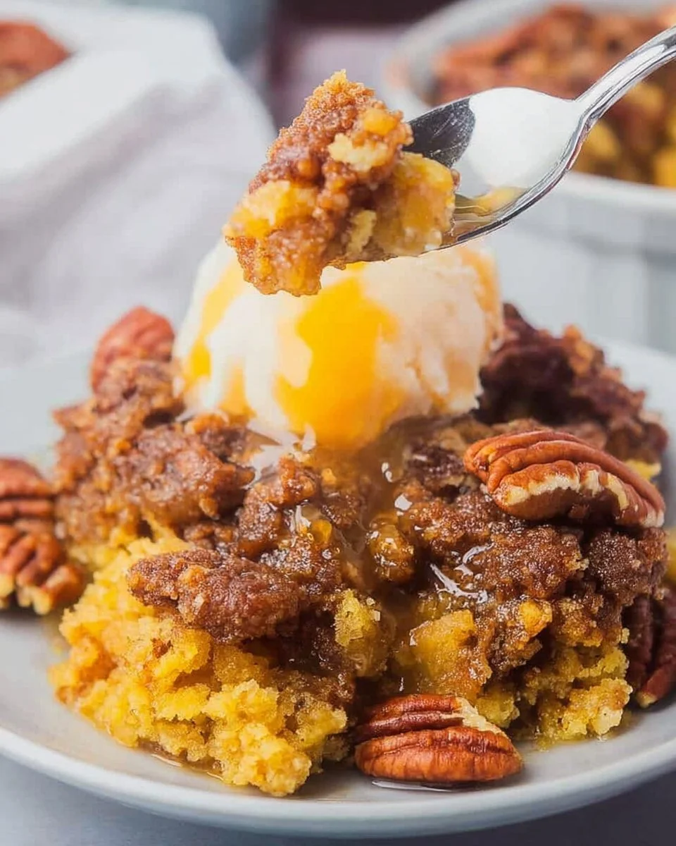 Easy Southern pecan pie dump cake topped with crunchy pecans and caramel syrup.