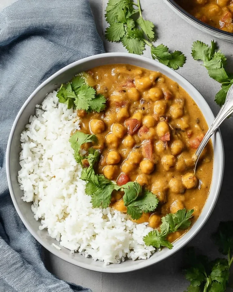 Bowl of easy vegan chickpea curry with herbs and spices