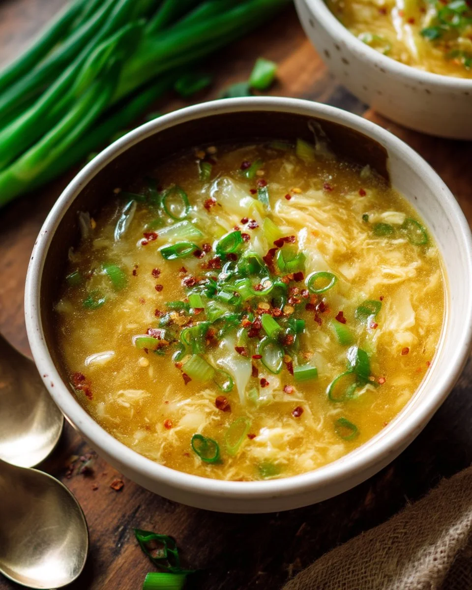 Bowl of delicious Egg Drop Soup with egg ribbons and garnished with green onions