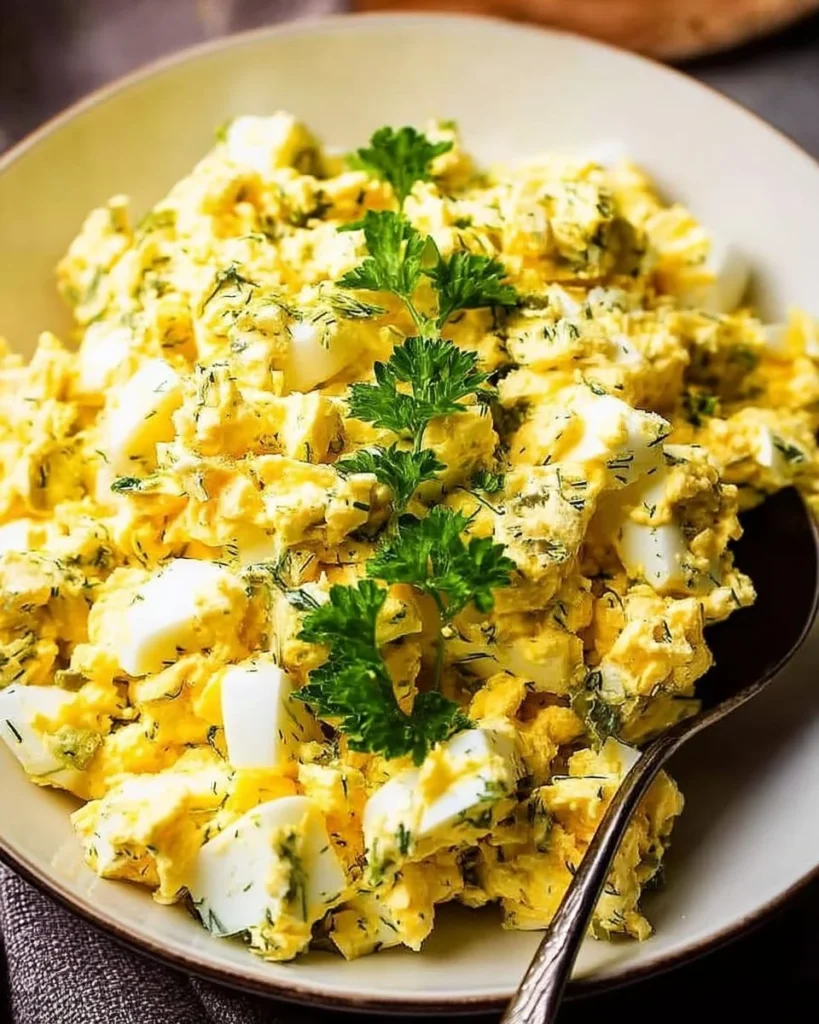 Egg salad with pickles in a bowl, fresh and flavorful dish