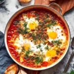 Delicious Eggs in Purgatory served with crusty bread and vibrant tomato sauce.