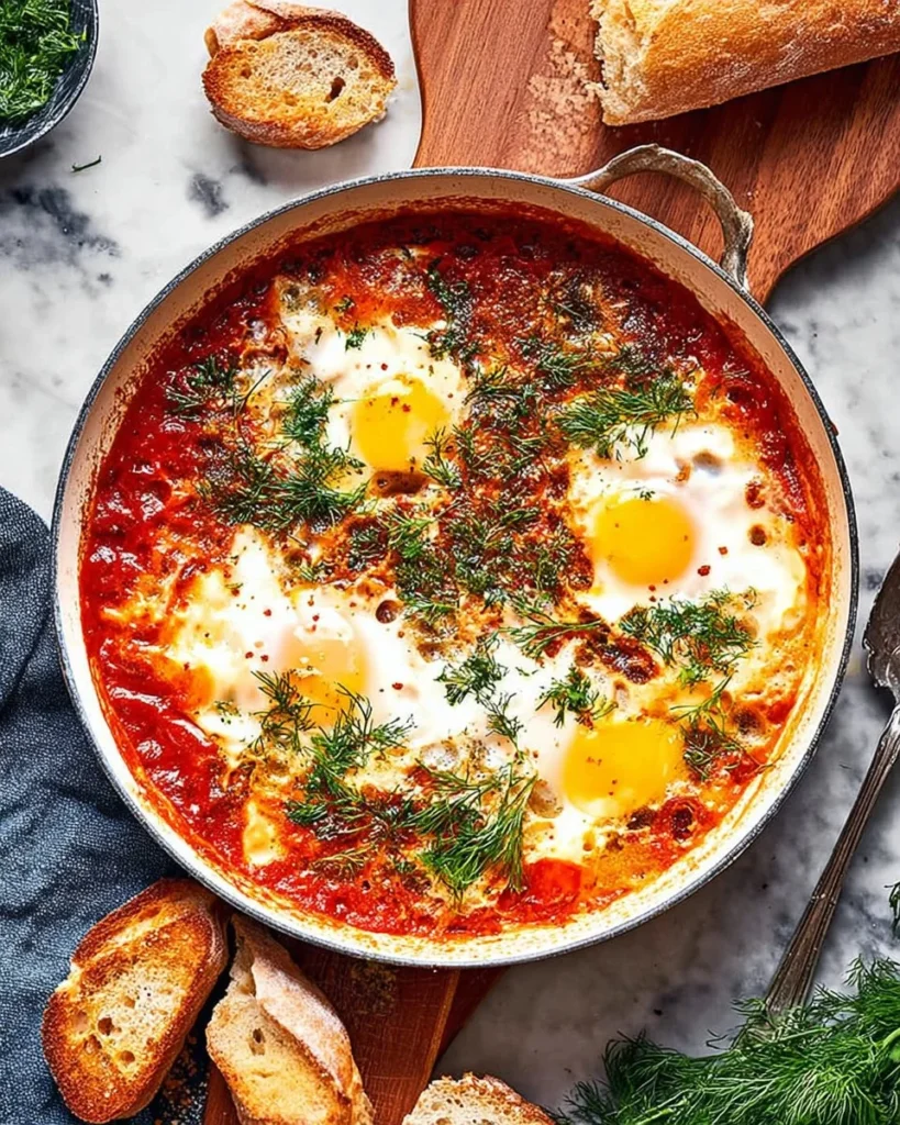 Delicious Eggs in Purgatory served with crusty bread and vibrant tomato sauce.