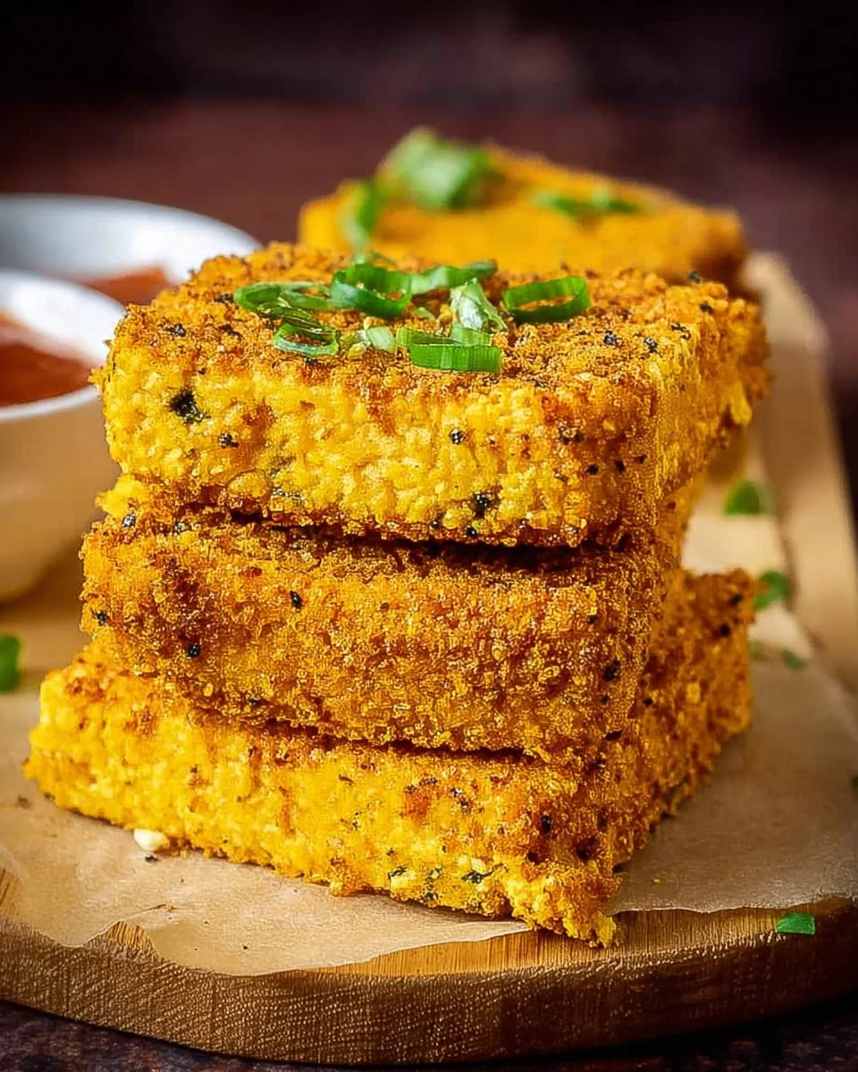 Eggy tofu patties served on a plate with fresh herbs and sauce