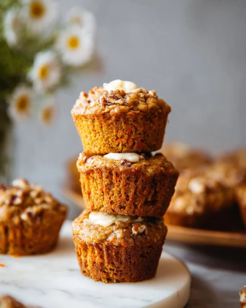 Healthy carrot cake muffins topped with cream cheese frosting on a plate