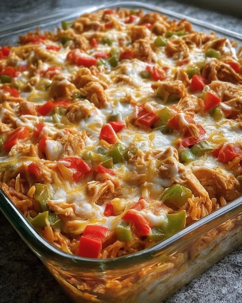 Delicious Fajita Chicken Casserole ready to serve, topped with fresh toppings.