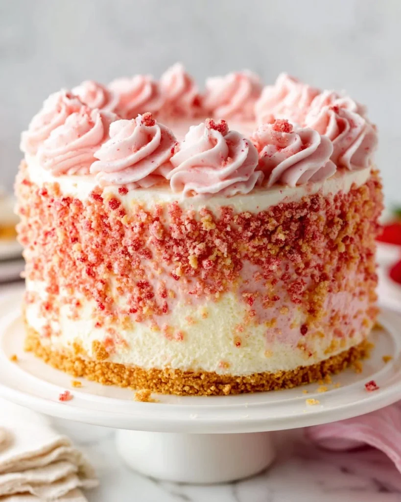 Freezer-friendly strawberry crunch ice cream cake with layers of strawberries and crunch topping.
