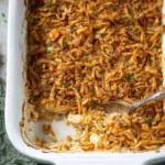 Delicious French Onion Chicken Casserole topped with melted cheese and onions