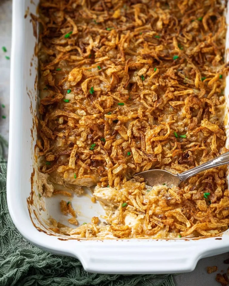 Delicious French Onion Chicken Casserole topped with melted cheese and onions