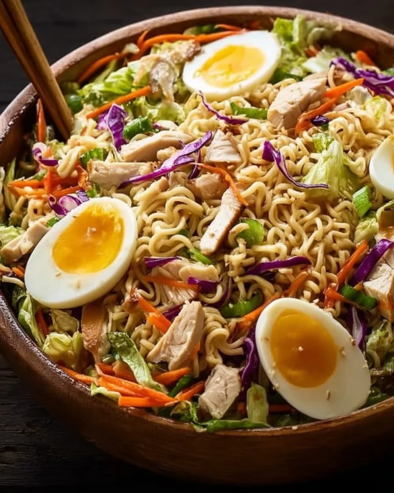 Fresh Asian ramen noodles chicken salad with vibrant vegetables and grilled chicken