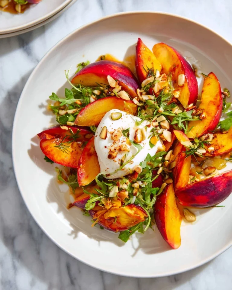 Fresh peach burrata salad with greens, nuts, and balsamic drizzle