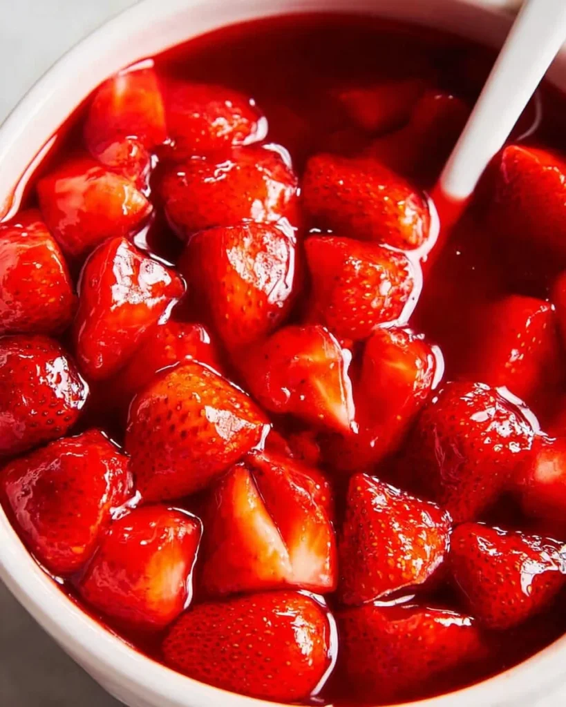 Fresh strawberry sauce drizzled over desserts, highlighting its vibrant color and texture.