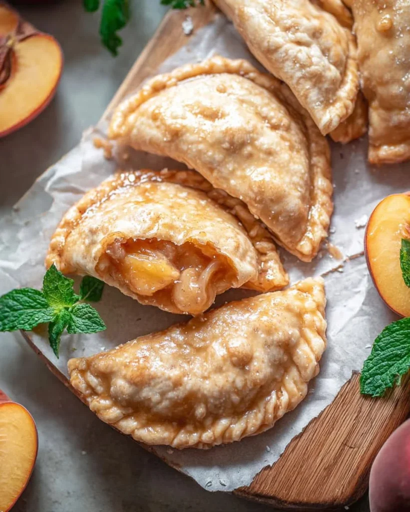 Delicious homemade Fried Peach Pies on a rustic wooden table