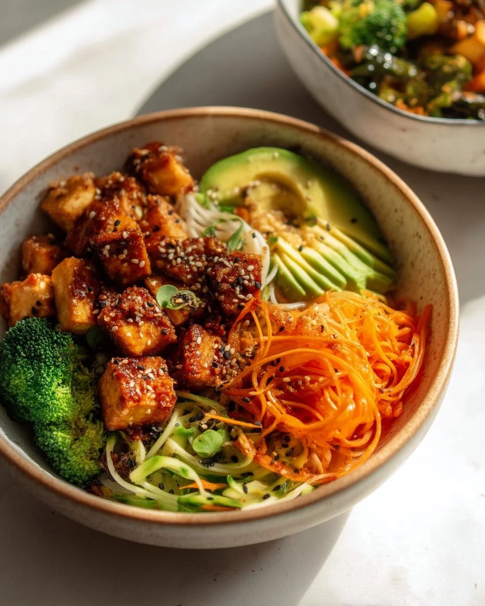 Delicious fried tofu bowls topped with fresh vegetables and sauce
