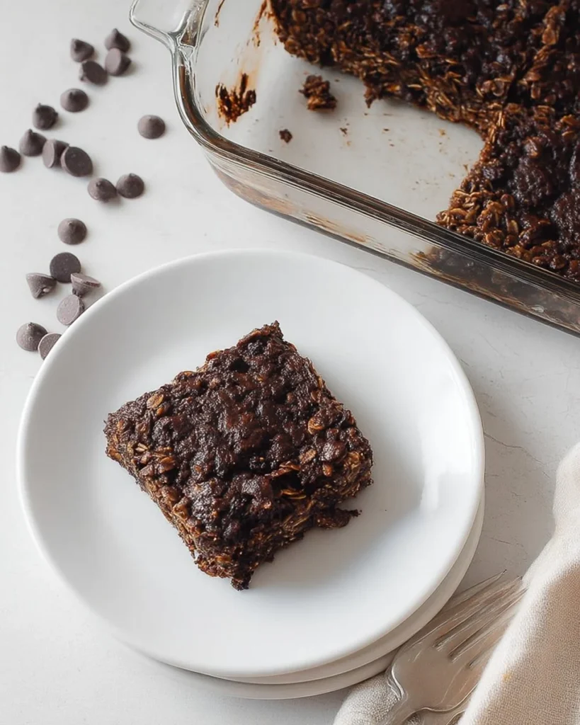 Fudgy brownie baked oatmeal topped with chocolate chips in a baking dish