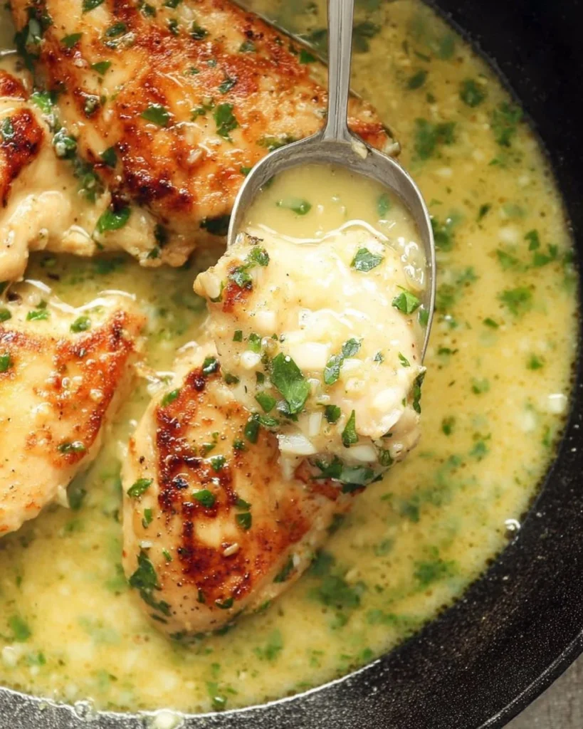 Delicious Garlic Butter Chicken served with fresh herbs and vegetables.