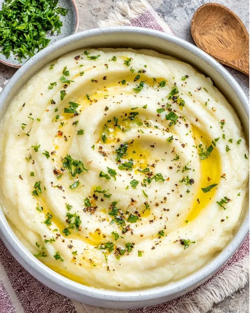 Creamy garlic butter mashed cauliflower served in a bowl.